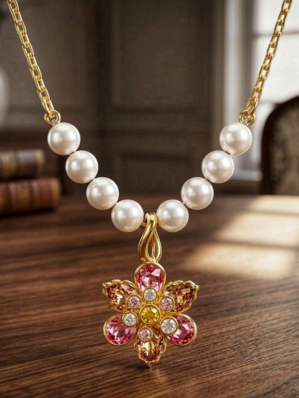 Swarovski Idyllia Pendant | Crystal Pearl Flower Multicoloured Gold-tone Plated